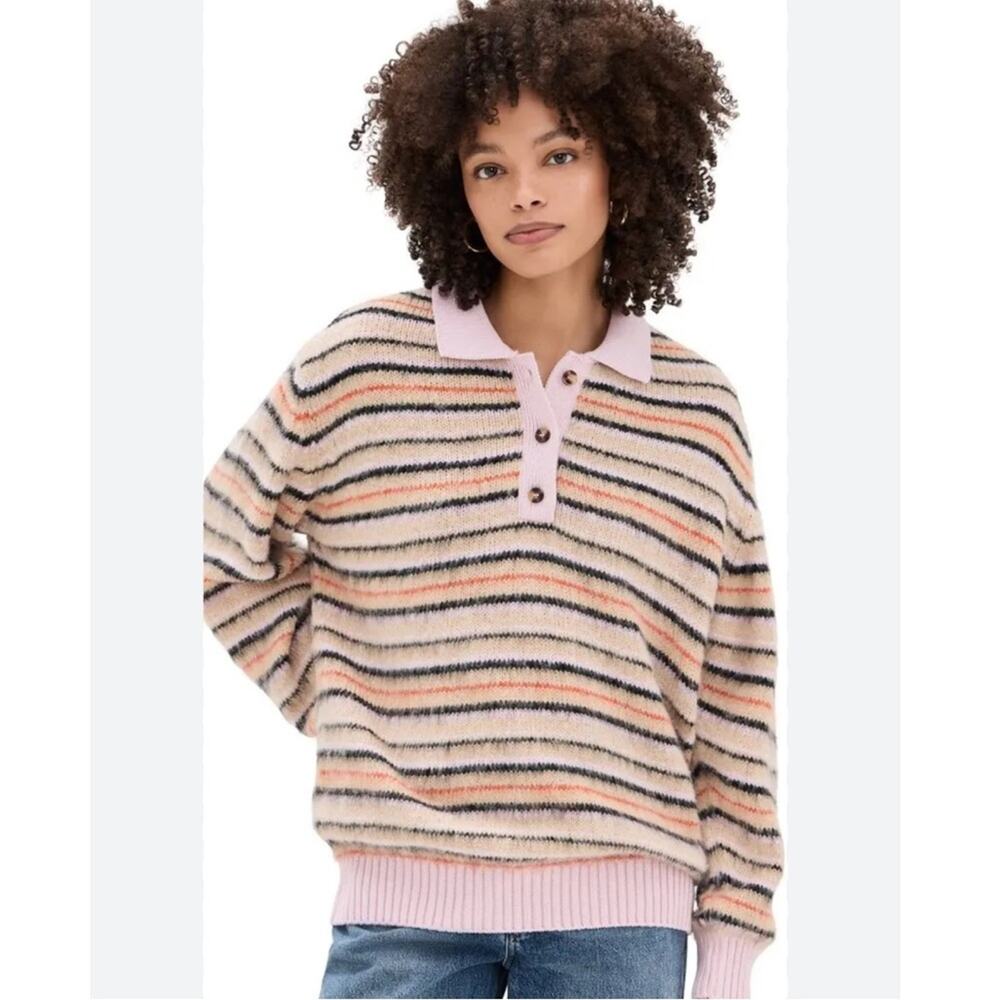 Stine Goya Knit Polo in Pink and Cream Stripes